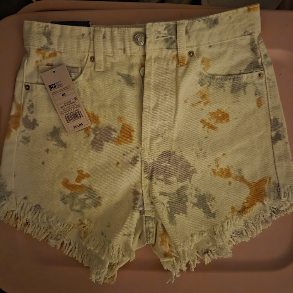 wild fable Cream Tie-Dye Distressed Jean Shorts with Yellow & Gray Accents